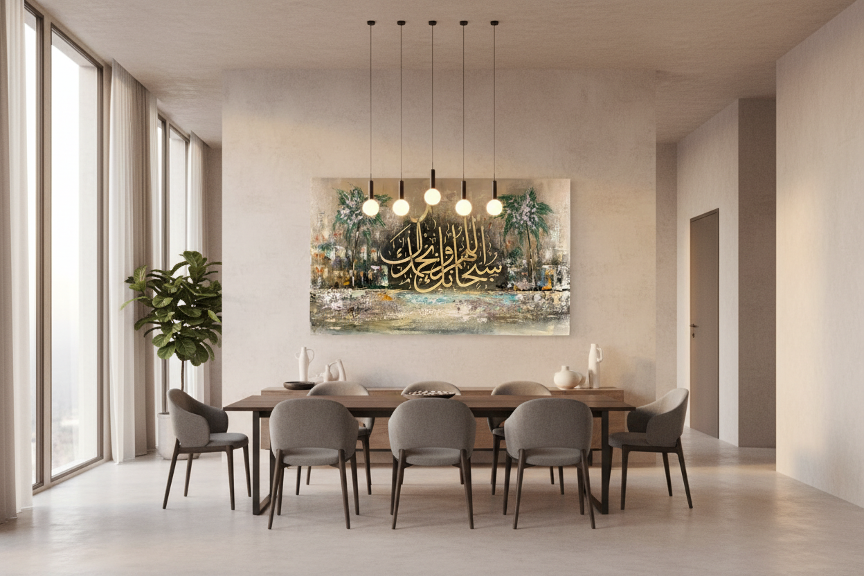 Subhanallahi Wa Bihamdihi canvas displayed in open area dining room