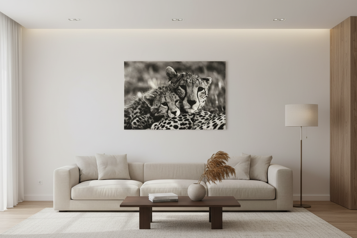 Unframed black and white cheetah canvas print hung on an empty wall in a minimalist modern living room showing true scale at 35.43 by 23.62 inches