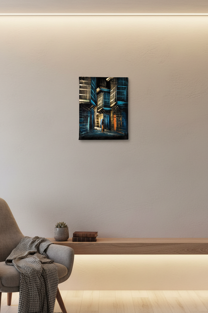 Teal blue mashrabiya alleyway night canvas art displayed in small cozy room lifestyle photo