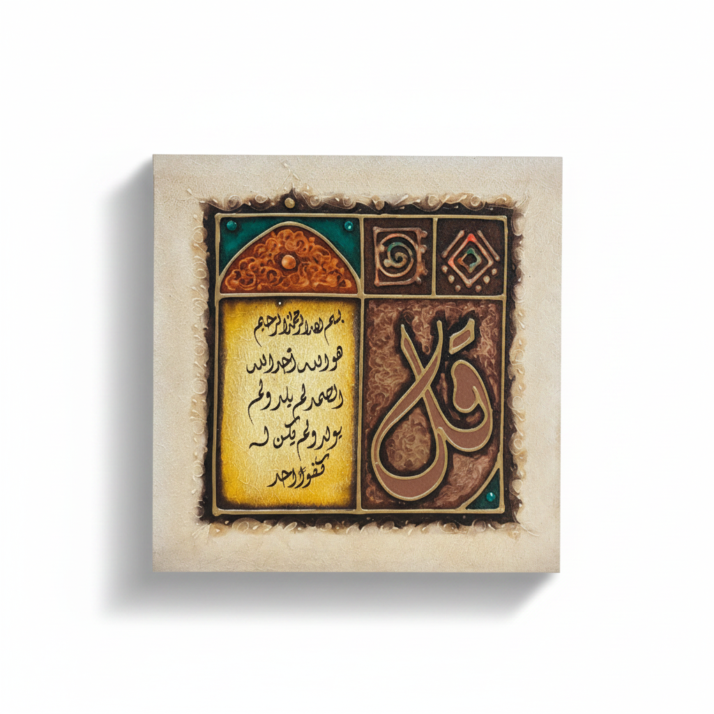 Surah Al-Ikhlas Qul four-panel canvas on white background with shadow