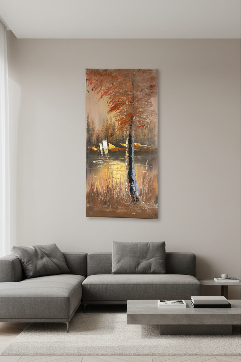 Autumn Fire by the Lake oil painting on empty living room wall, no frame