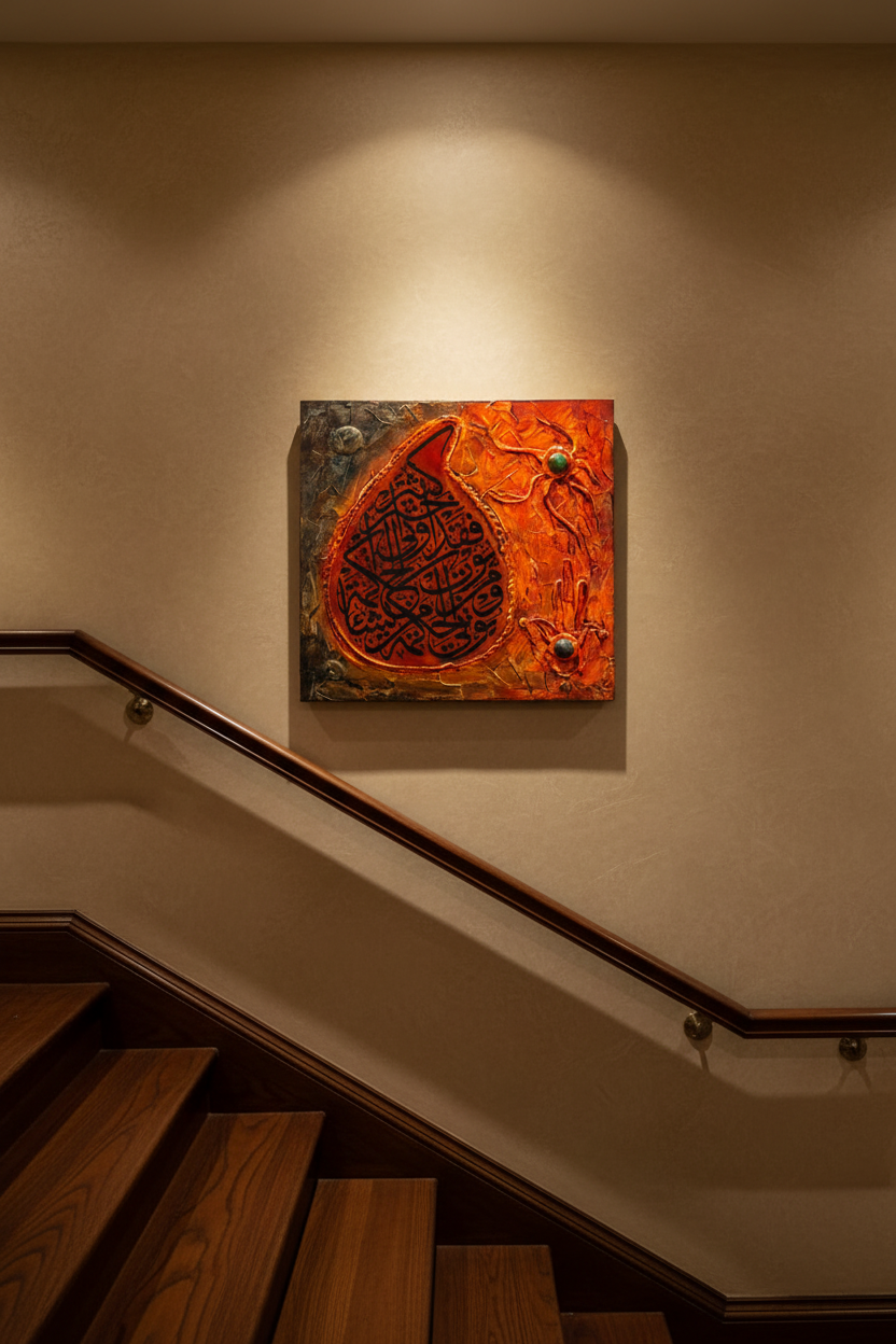 Islamic calligraphy fire teardrop wall art displayed on staircase wall