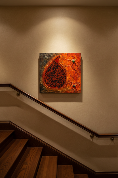 Islamic calligraphy fire teardrop wall art displayed on staircase wall