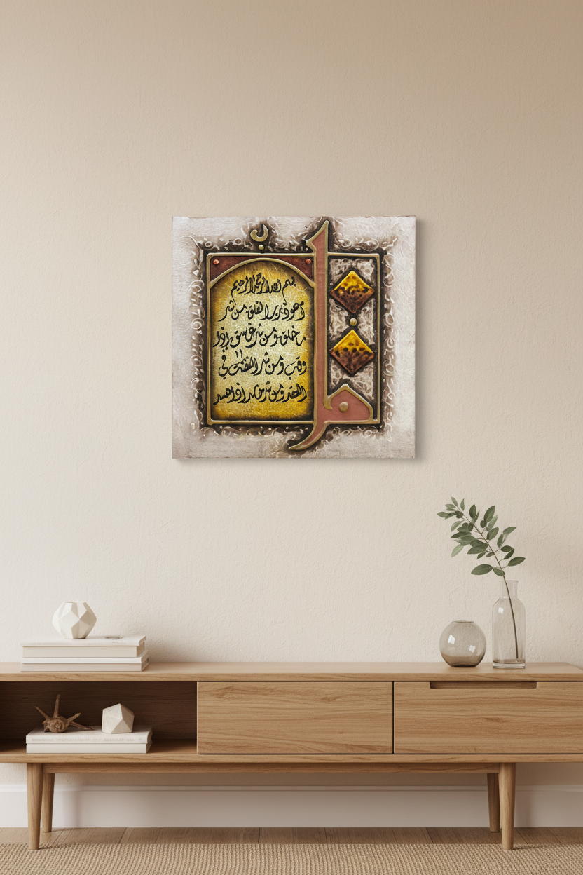Surah Al-Falaq Islamic calligraphy canvas displayed in modern living room above console table