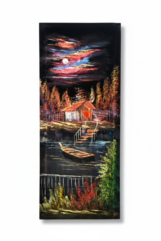 Original oil painting on white background with shadow – moonlit lakeside cabin nocturnal scene
