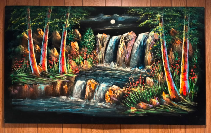 Moonlit forest waterfall night scene canvas wall art – original painting with double-tiered cascading waterfall, colorful orange-red birch trees, red wildflowers, full moon, and dark starlit sky