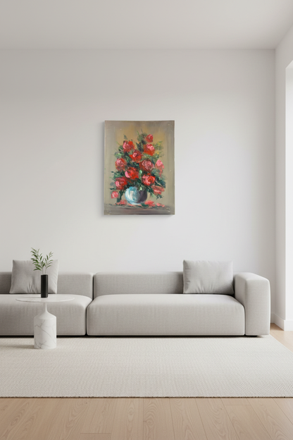 Rose bouquet painting hung on empty white wall in minimalist living room