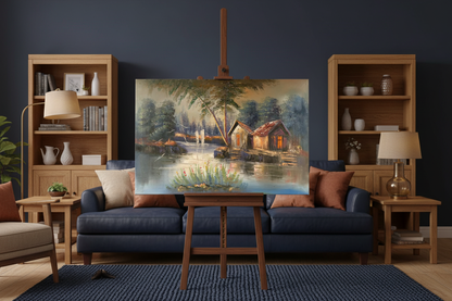 Original glowing lakeside cabin oil painting on a wooden easel stand in a warm sophisticated navy living room, unframed canvas at correct scale