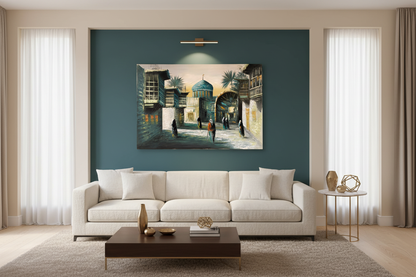 Original Middle East old city street oil painting hung unframed on feature wall in a sophisticated modern leaving room at correct scale 35.43 by 23.62 inches