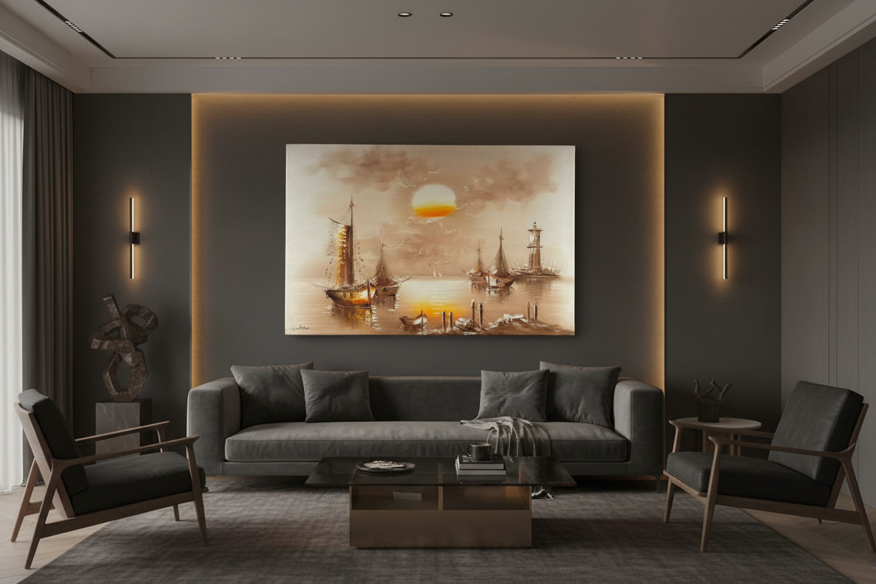 Original harbor sunset oil painting hung unframed on dark feature wall in a sophisticated modern lounge at correct scale