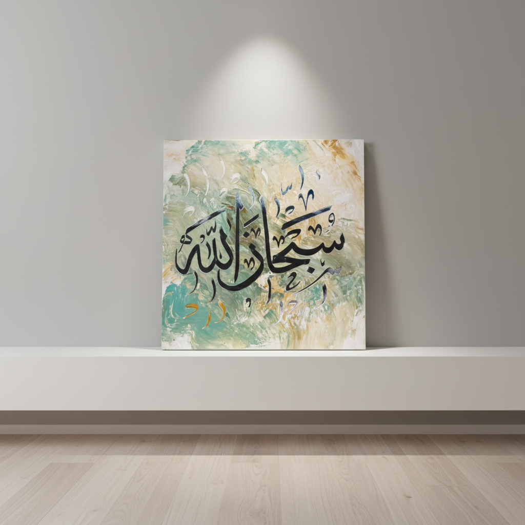 SubhanAllah teal sage square canvas art 15.75x15.75 inches (40x40cm) on a minimalist stage area shelf, no frame