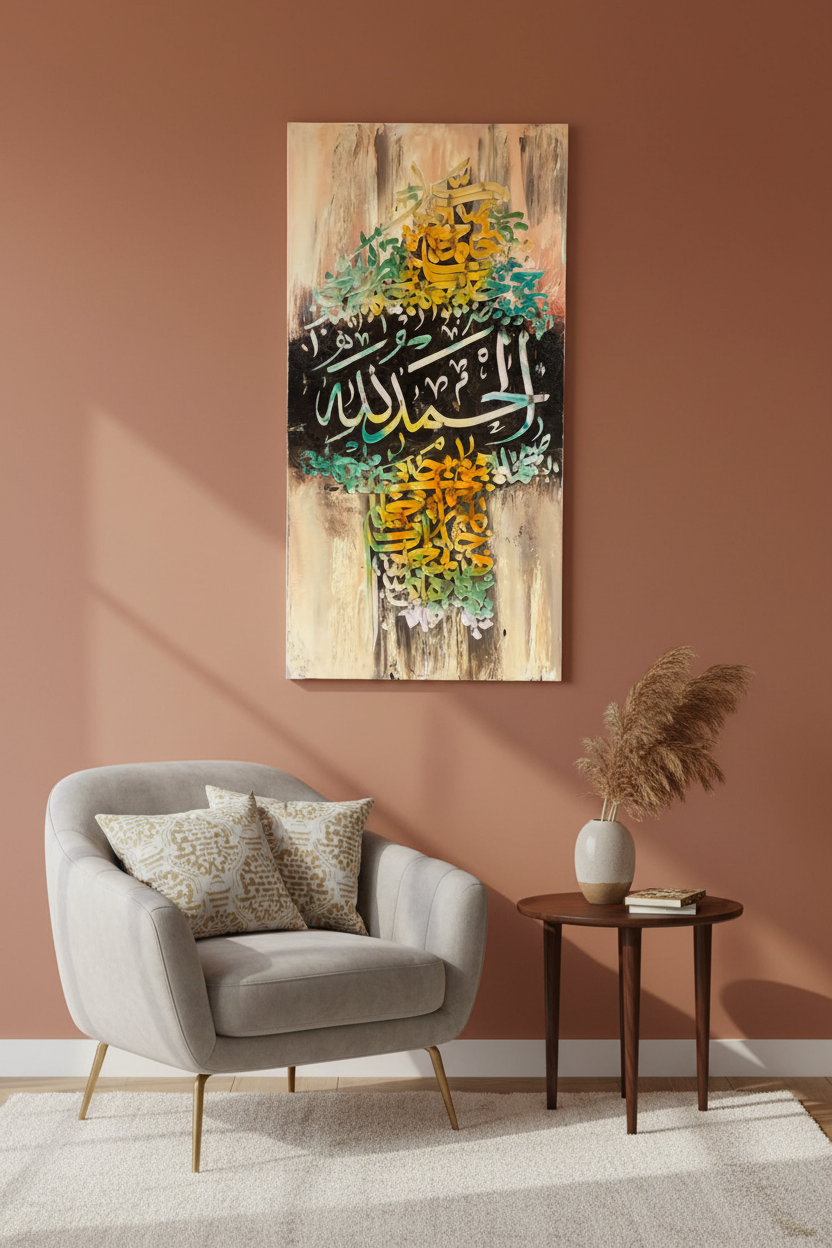 Alhamdulillah Islamic calligraphy canvas art in a cozy sitting area – lifestyle mockup, no frame