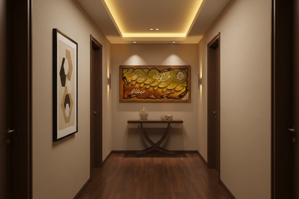 Surah An-Nas Islamic calligraphy canvas displayed in an elegant hallway