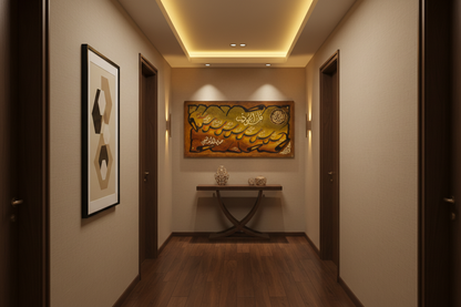 Surah An-Nas Islamic calligraphy canvas displayed in an elegant hallway