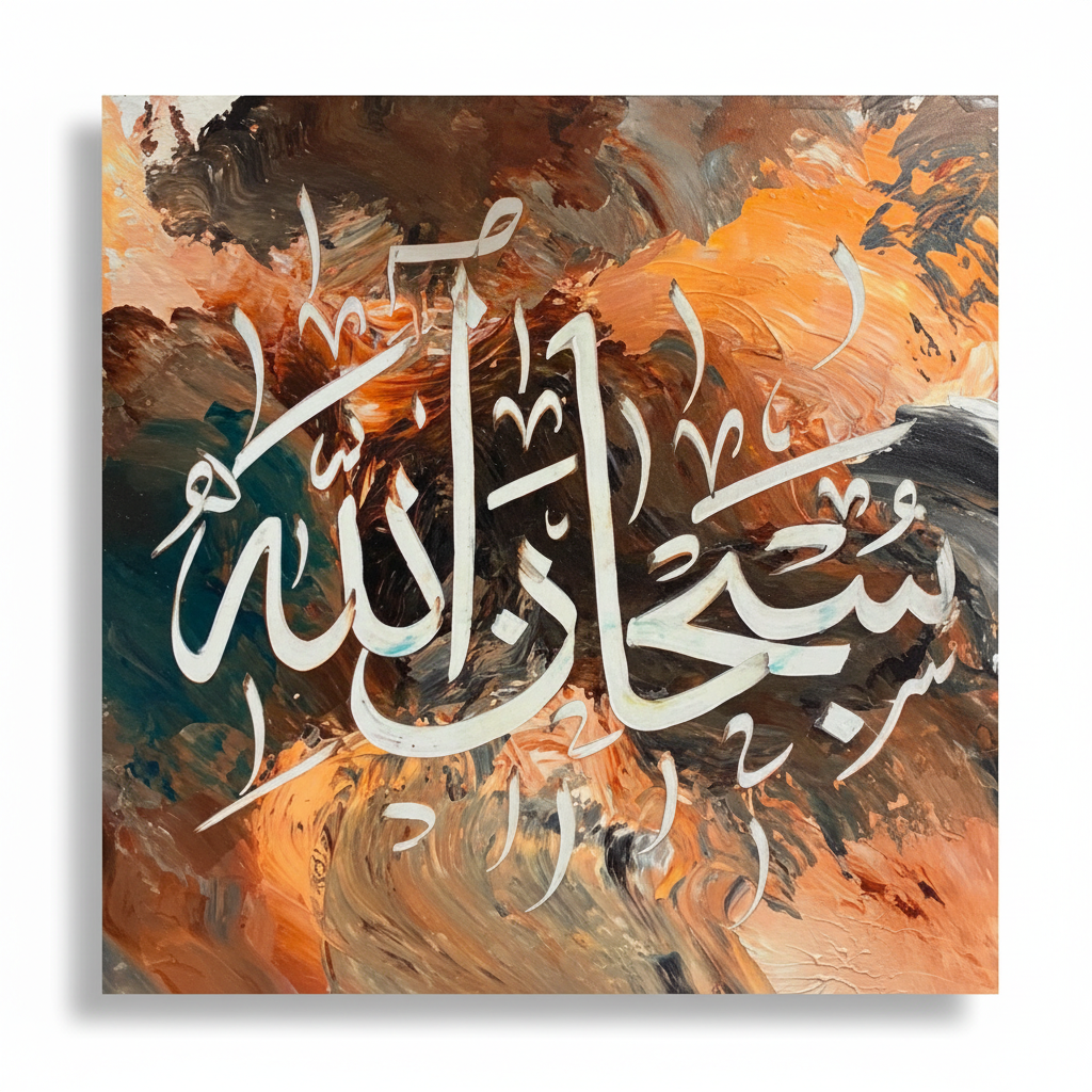 SubhanAllah Islamic Calligraphy Square Canvas Wall Art – White on Copper Teal Original Painting