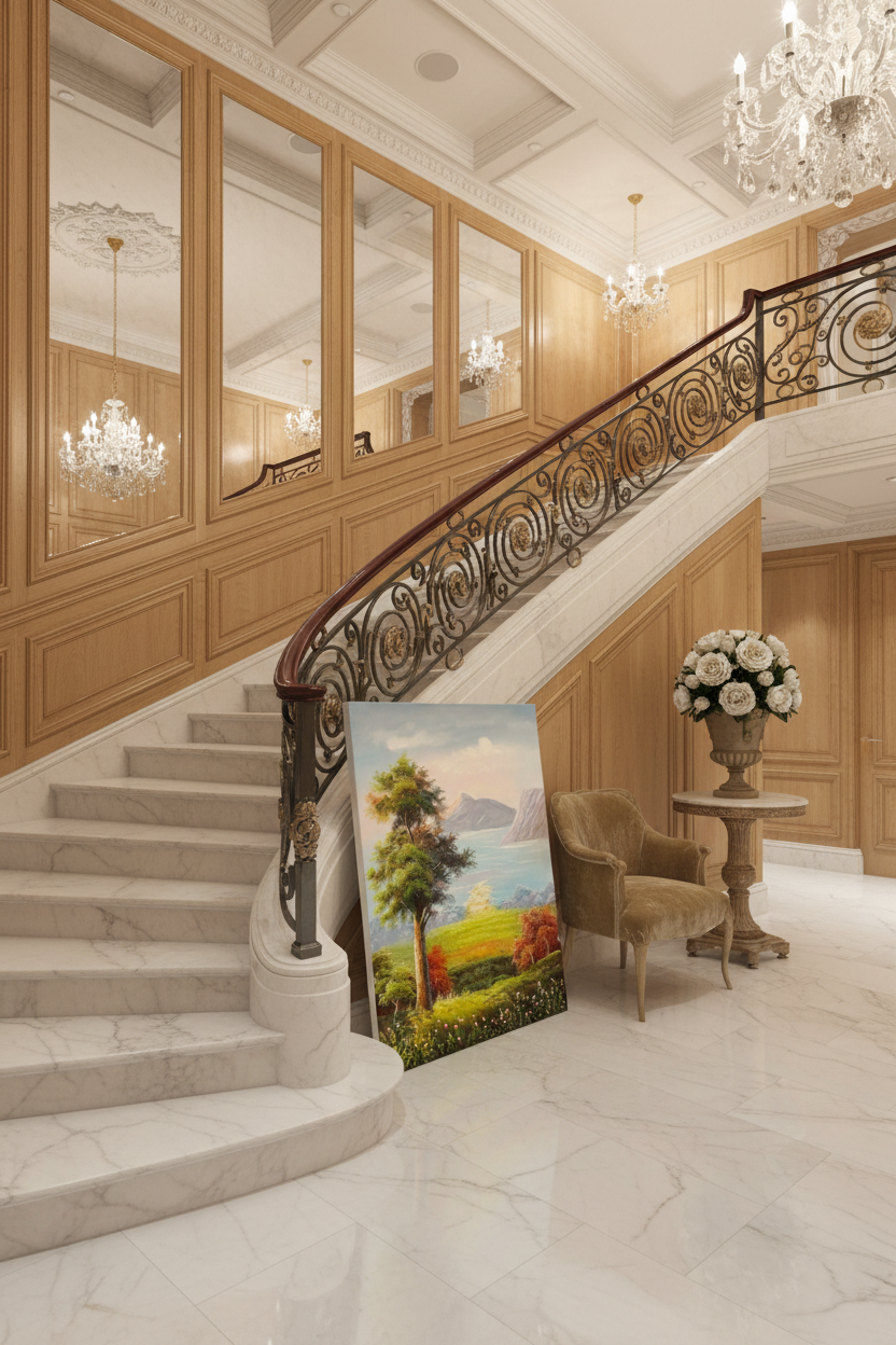 Lakeside landscape oil painting leaning near marble staircase in an elegant luxury home