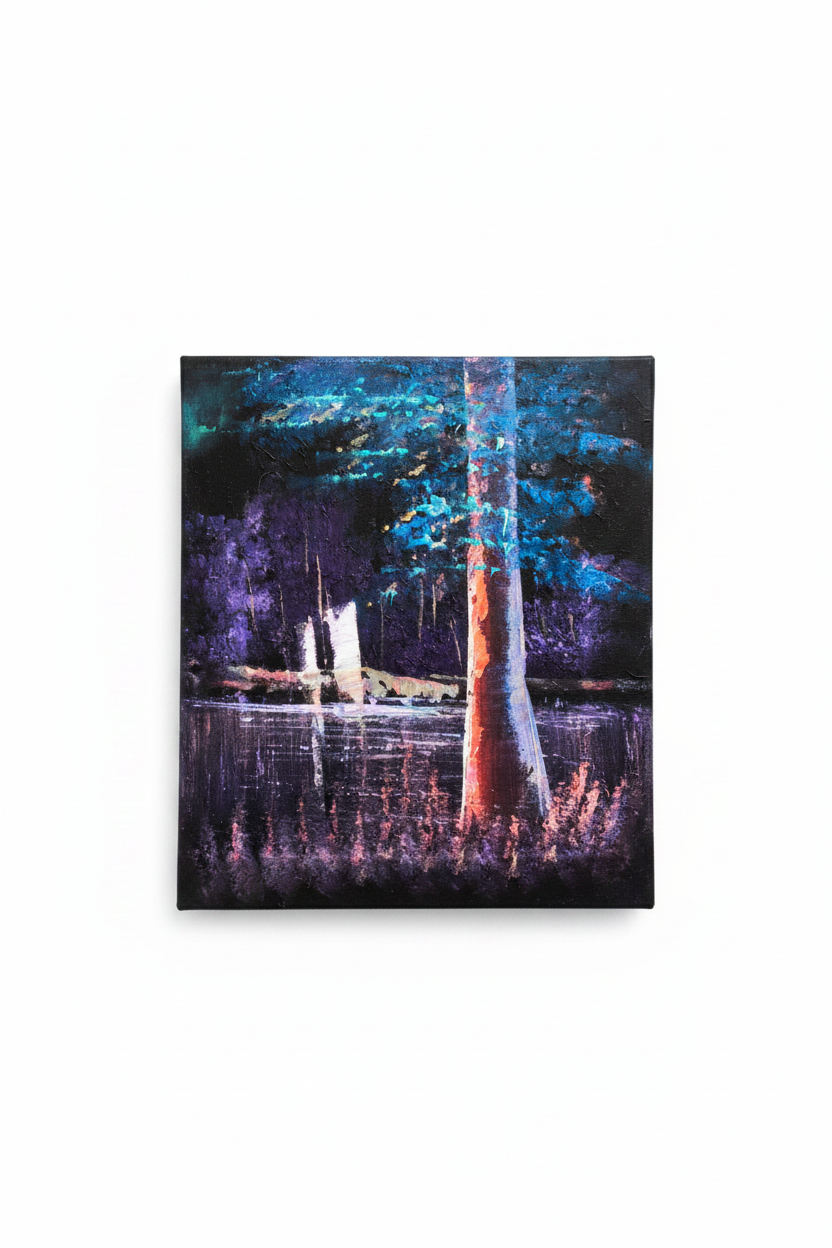 Dark forest night glowing orange tree canvas art on white background product photo