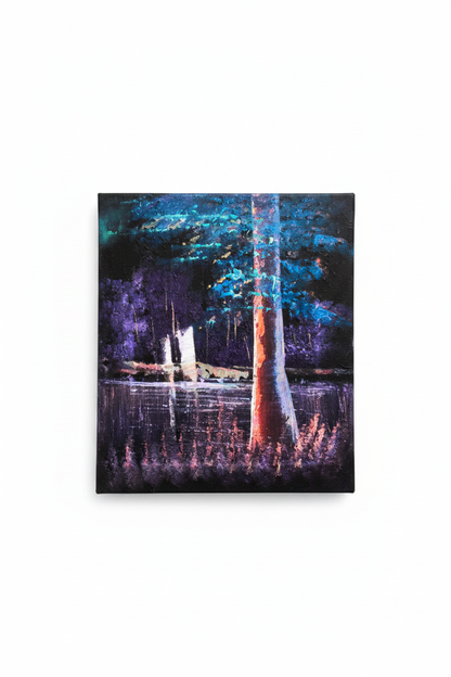 Dark forest night glowing orange tree canvas art on white background product photo