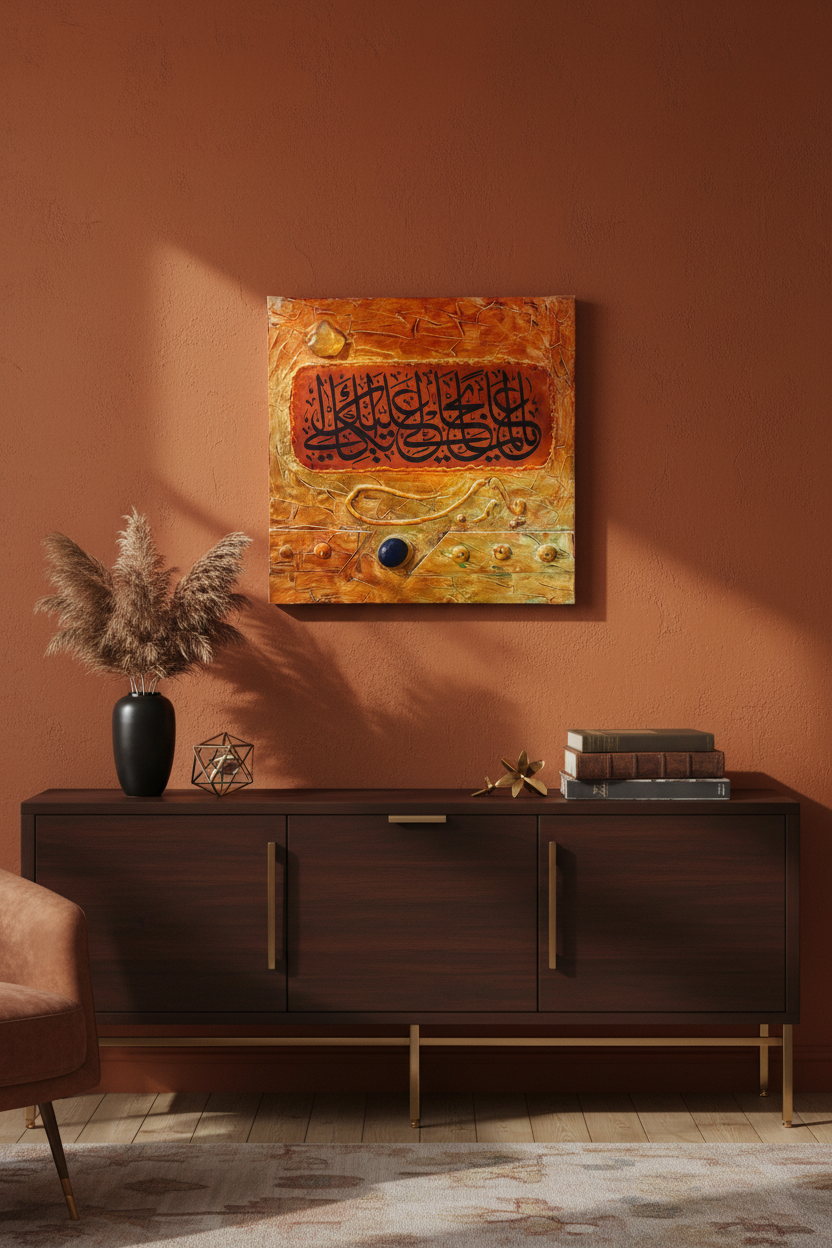 Islamic calligraphy amber panel wall art displayed above console stand in living room