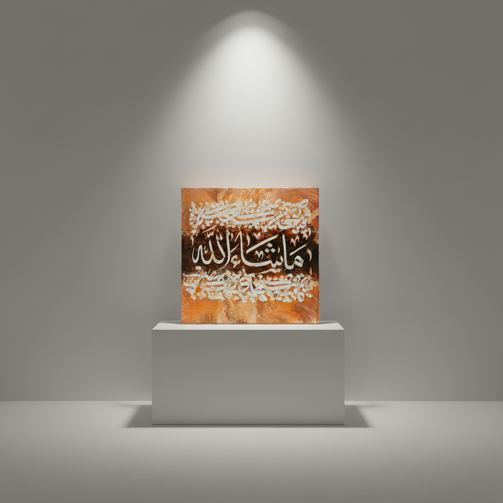 MashaAllah copper bronze square canvas art 15.75x15.75 inches (40x40cm) on a minimalist stage area shelf, no frame