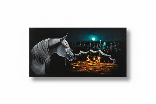 Arabian horse desert night scene canvas wall art on white background with shadow – 47x24 inches
