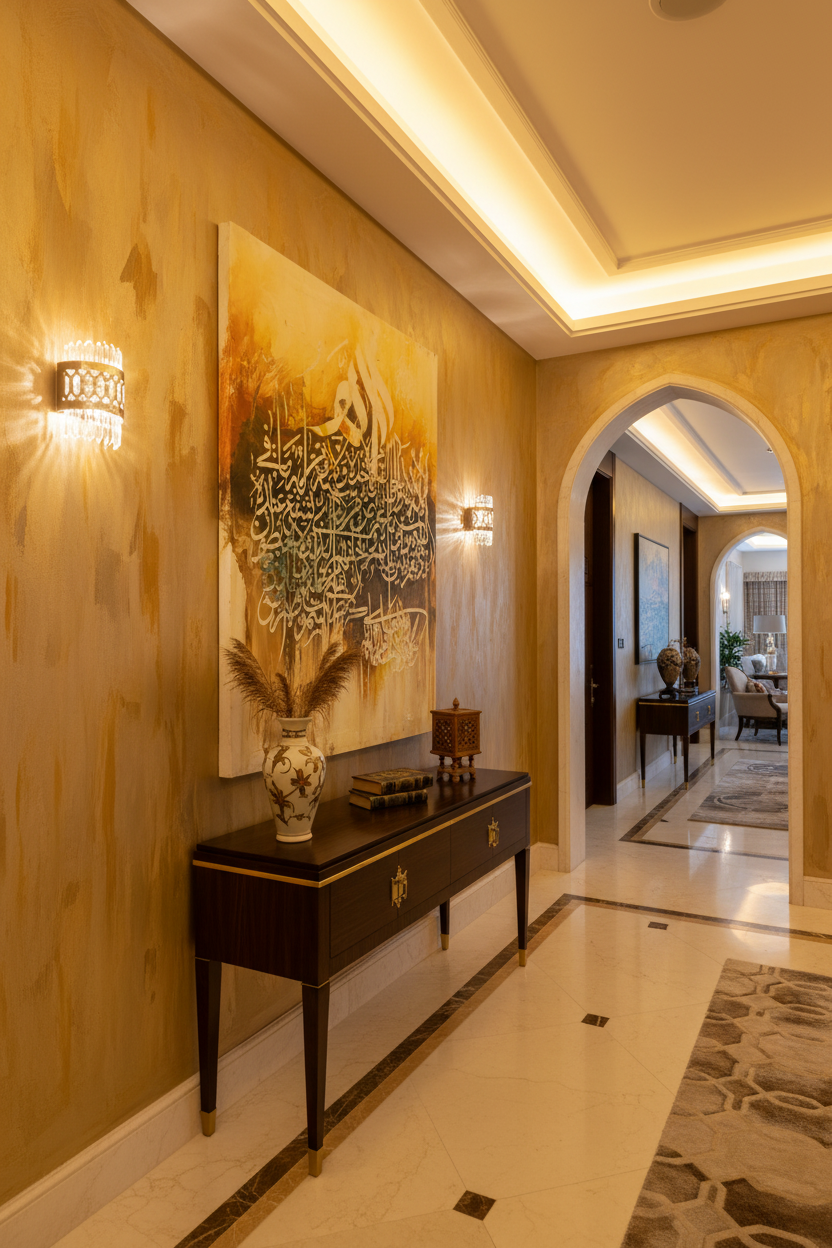 Arabic calligraphy canvas art displayed in elegant hallway