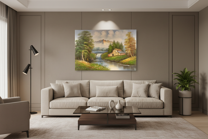 Original countryside mill waterfall oil painting hung unframed on feature wall in a sophisticated modern leaving room at correct scale 35.43 by 23.62 inches