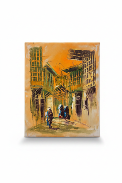 Middle Eastern market street impasto oil painting isolated on white background with soft drop shadow — no frame