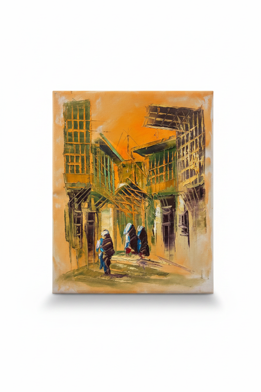 Middle Eastern market street impasto oil painting isolated on white background with soft drop shadow — no frame