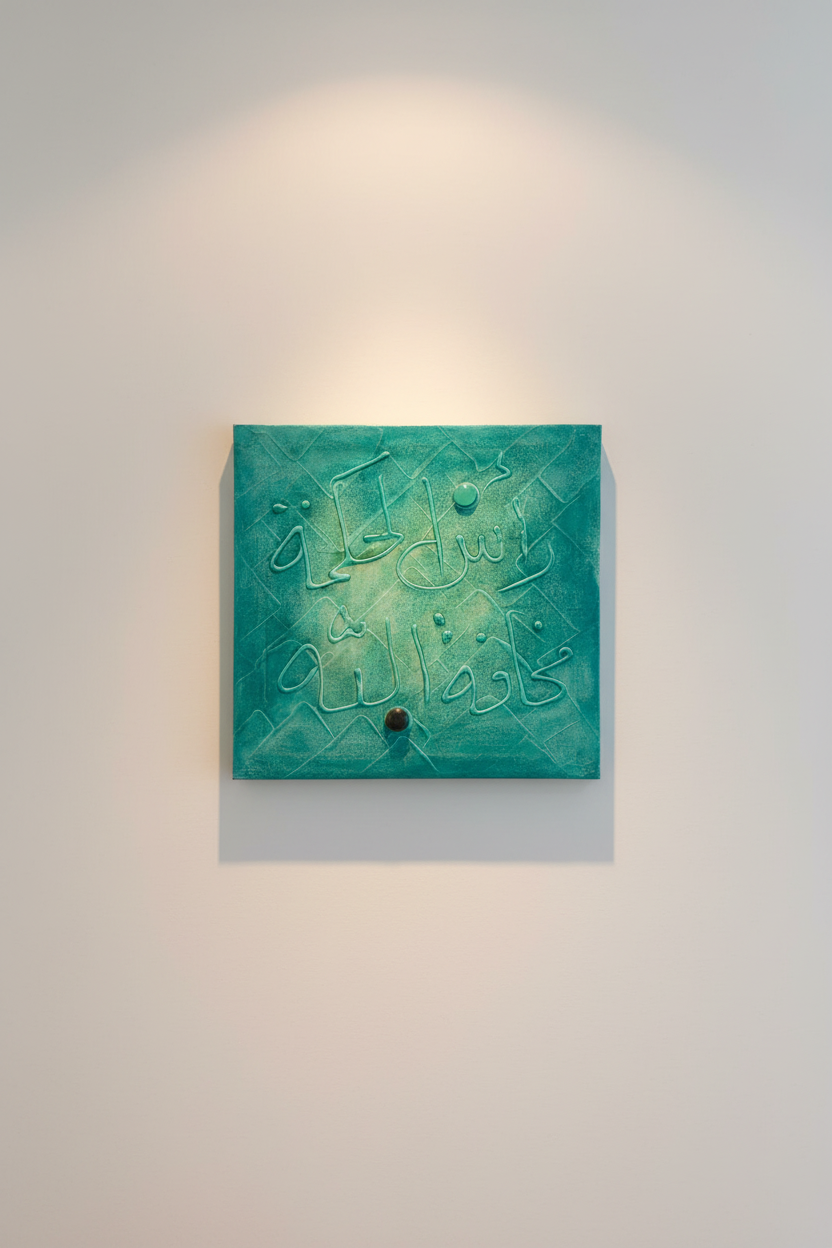 Islamic calligraphy teal quilted wall art displayed on empty white wall