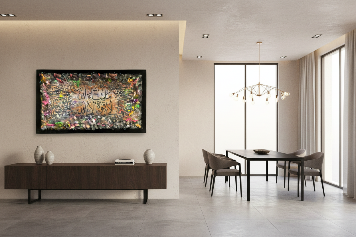 Masha Allah neon resin canvas displayed in open area dining room