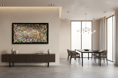 Masha Allah neon resin canvas displayed in open area dining room