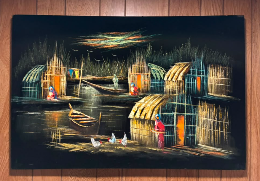 Iraqi Marsh Village Night Scene Canvas Wall Art | Middle East Heritage Print 35.4" × 23.6"
