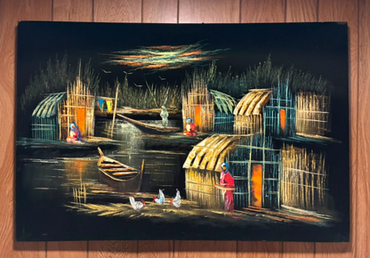 Iraqi Marsh Village Night Scene Canvas Wall Art | Middle East Heritage Print 35.4" × 23.6"