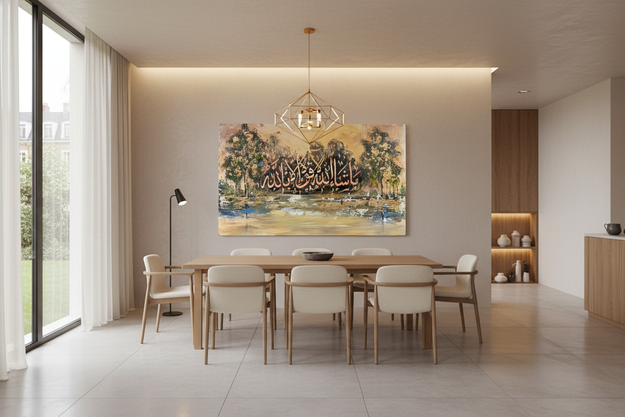 Masha Allah La Quwwata Illa Billah canvas displayed in open area dining room