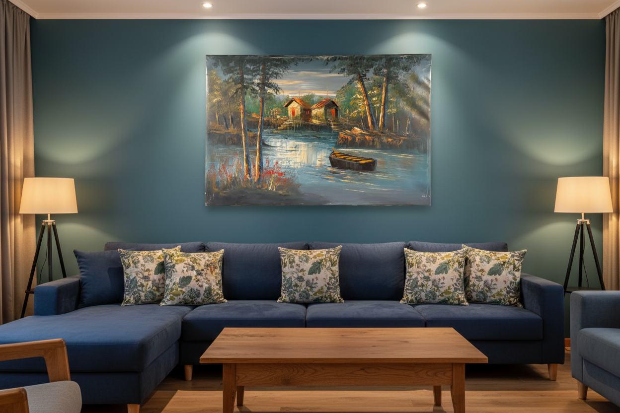 Original twilight lakeside cabin oil painting hung unframed on wall in a cozy deep navy family room at true scale 35.43 by 23.62 inches