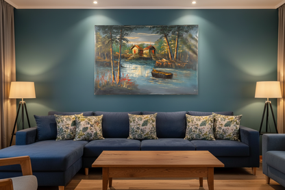 Original twilight lakeside cabin oil painting hung unframed on wall in a cozy deep navy family room at true scale 35.43 by 23.62 inches