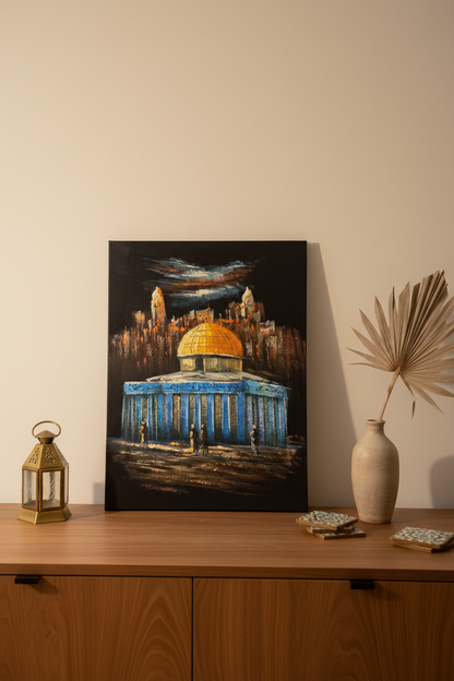 Dome of the Rock Jerusalem skyline night canvas art propped on wooden shelf in sophisticated minimalist home with Islamic heritage decor lifestyle photo