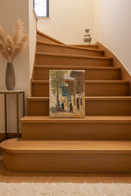 Old town street scene oil painting staged in a luxury staircase area – no frame
