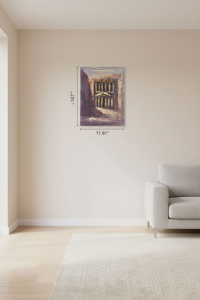 Petra Treasury oil painting hung on empty wall – frameless display