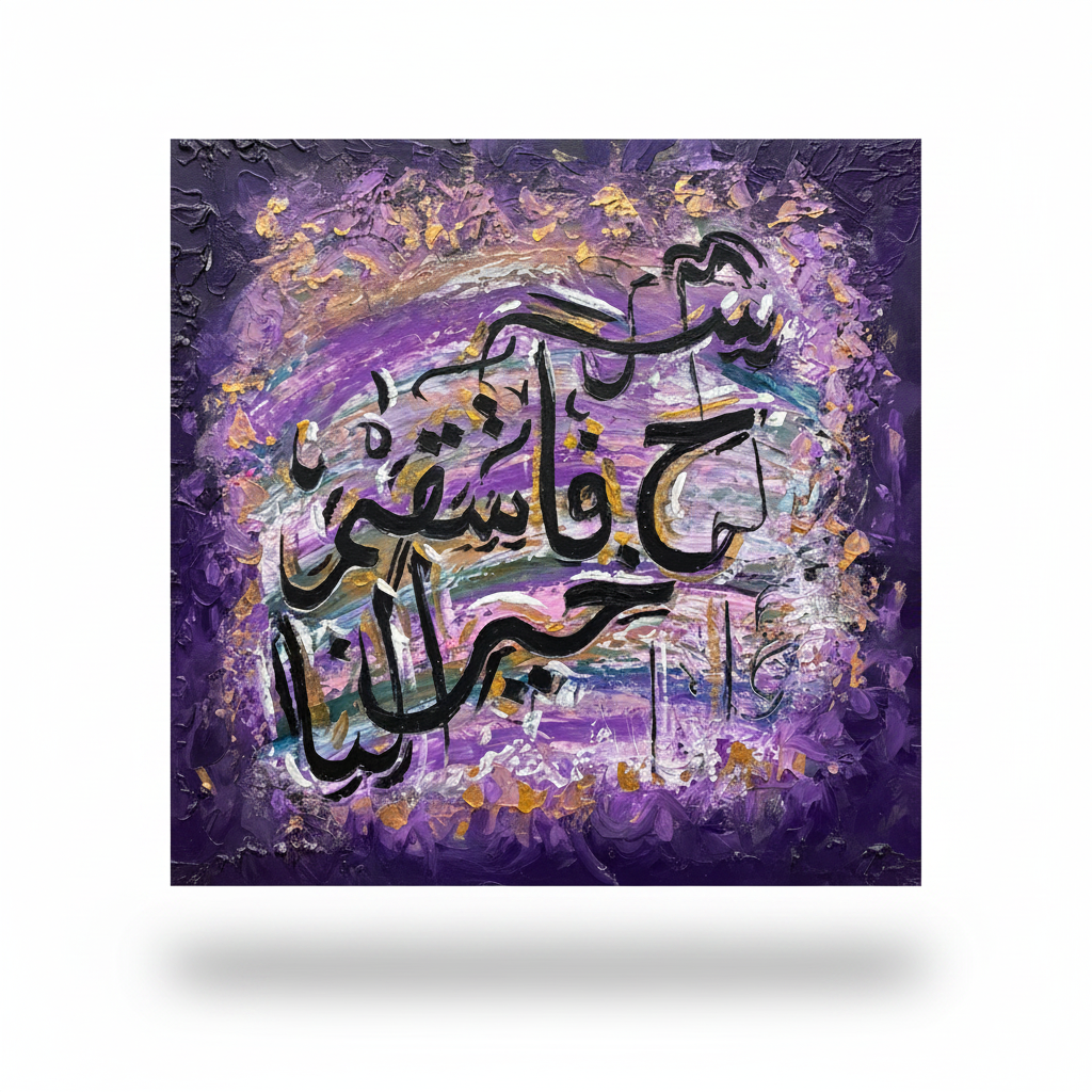 Islamic calligraphy black script deep purple violet square canvas art on white background with shadow, no frame, product shot