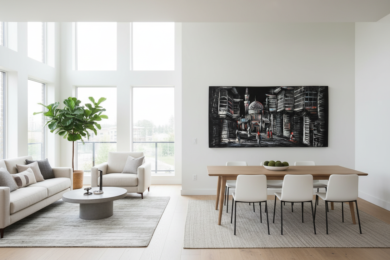 Black and white Middle Eastern bazaar night scene canvas wall art displayed in open dining and sitting area