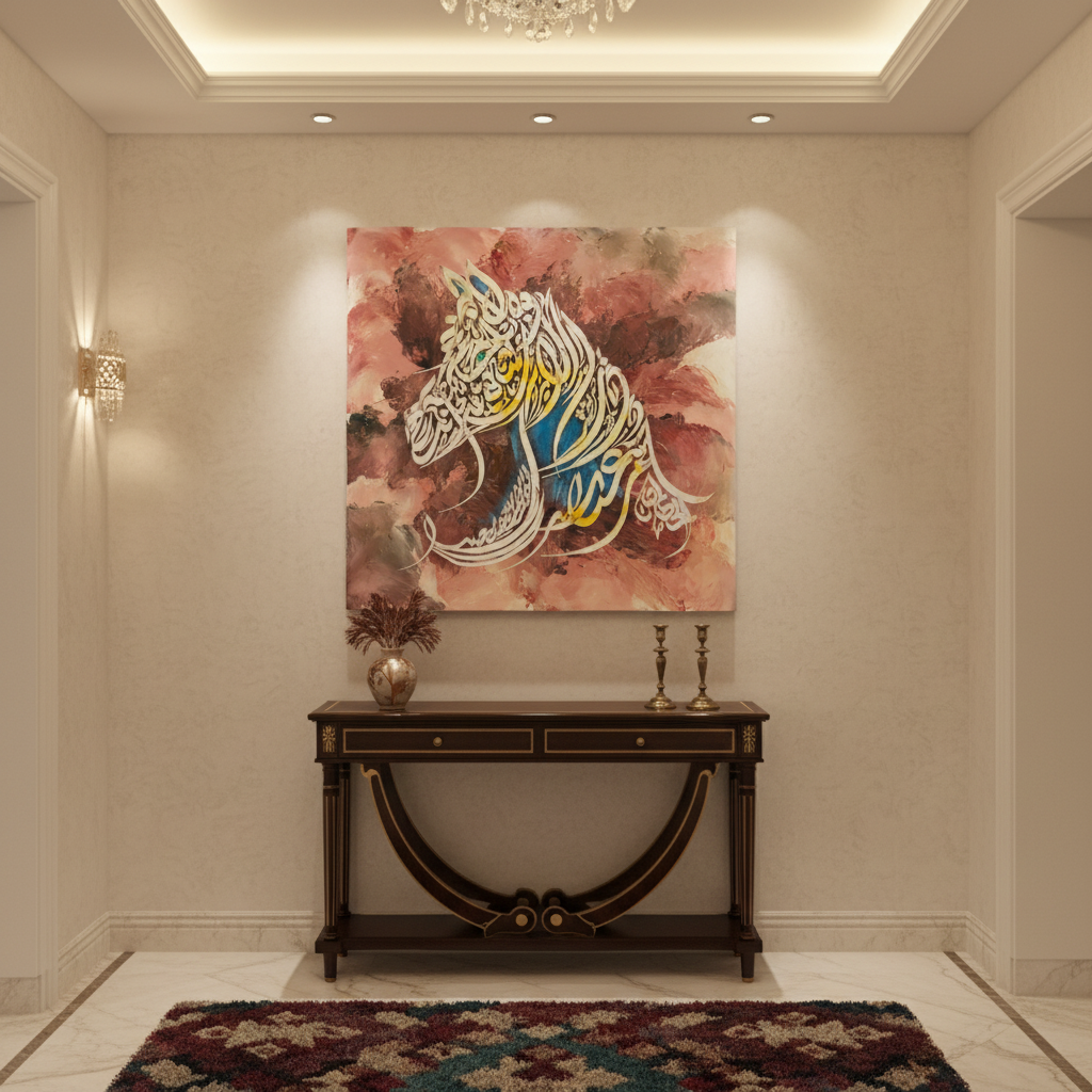 Frameless square Arabic calligraphy canvas art displayed in elegant hallway