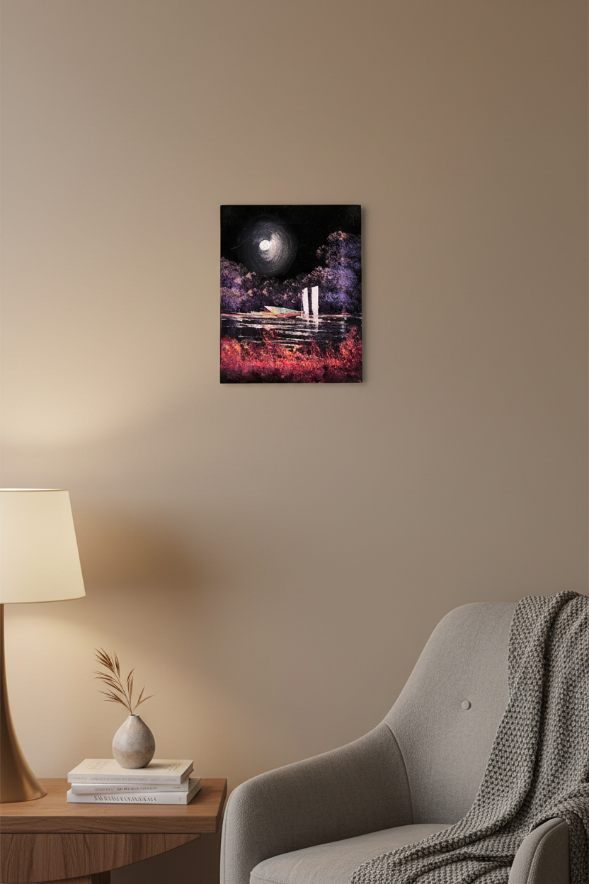 Moonlit sailboats night canvas art displayed in small cozy room lifestyle photo