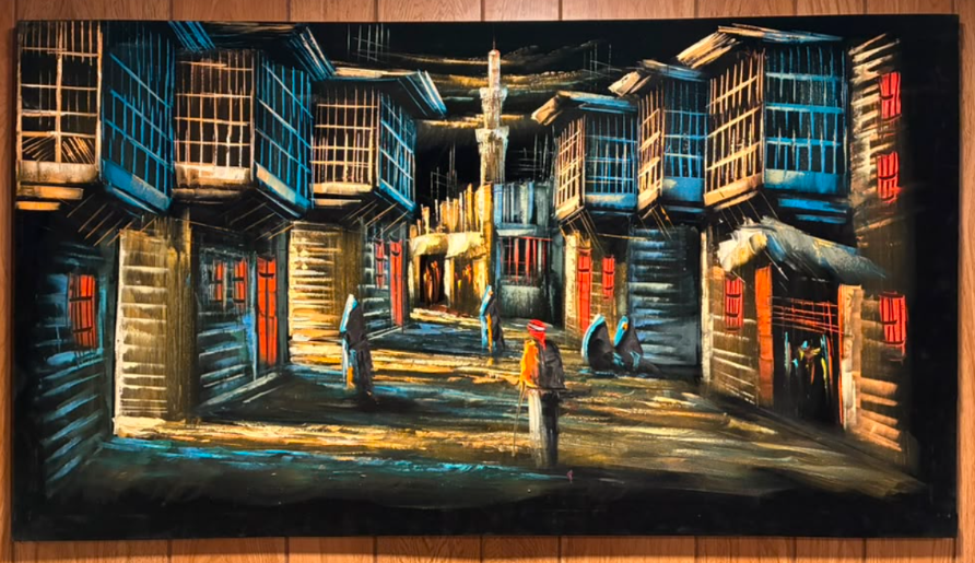 Iraqi old town alleyway night scene canvas wall art – original painting with teal latticed buildings, red shuttered doors, traditional figures, colorful vendor, and minaret at vanishing point