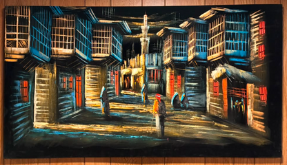 Iraqi old town alleyway night scene canvas wall art – original painting with teal latticed buildings, red shuttered doors, traditional figures, colorful vendor, and minaret at vanishing point