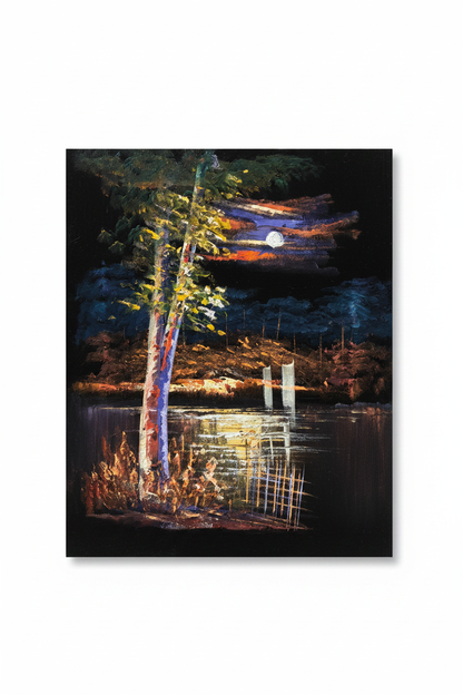 Moonlit forest lake night scene fine art canvas on white background product photo