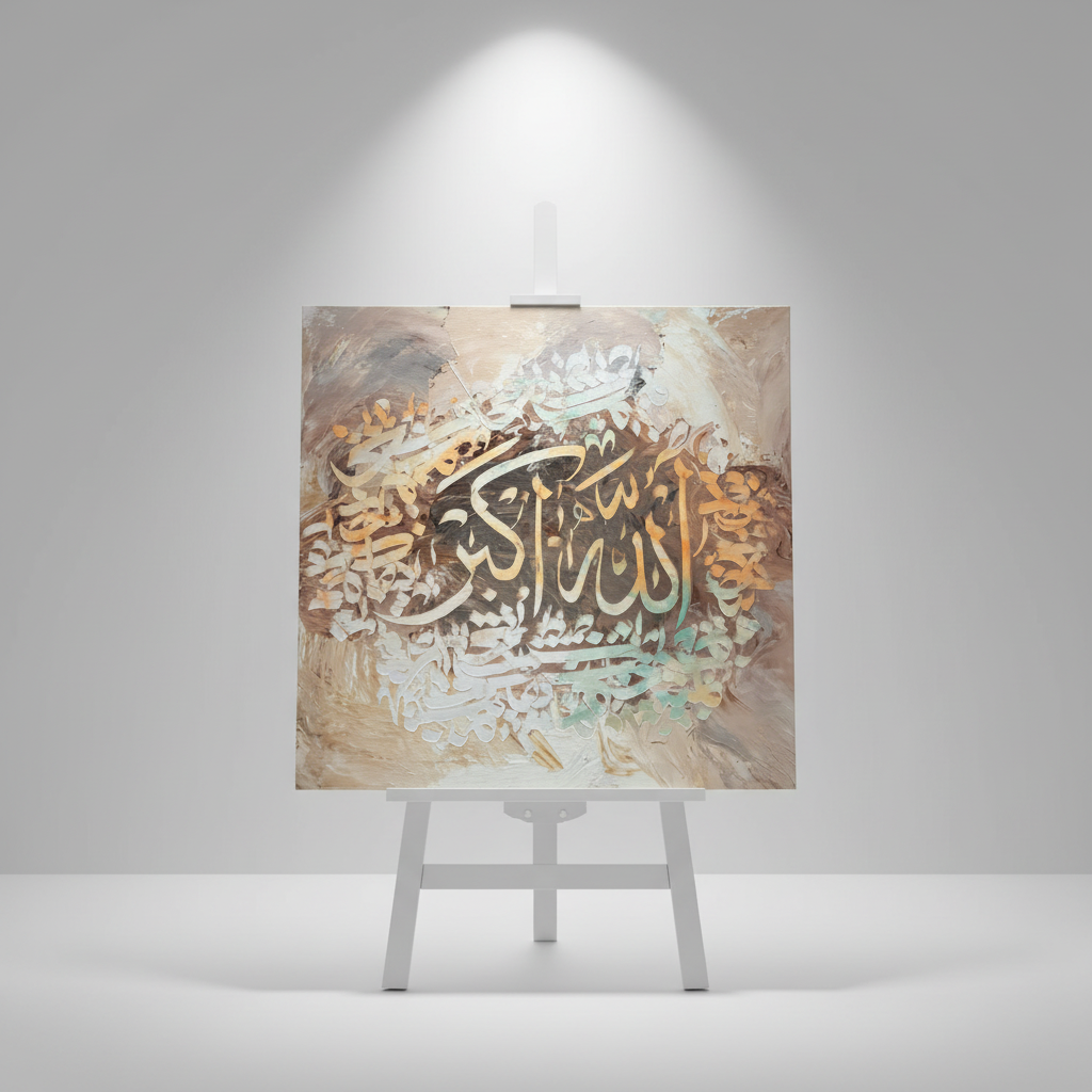 Allahu Akbar pearl white sage square canvas art 15.75x15.75 inches (40x40cm) on a minimalist stage area shelf, no frame