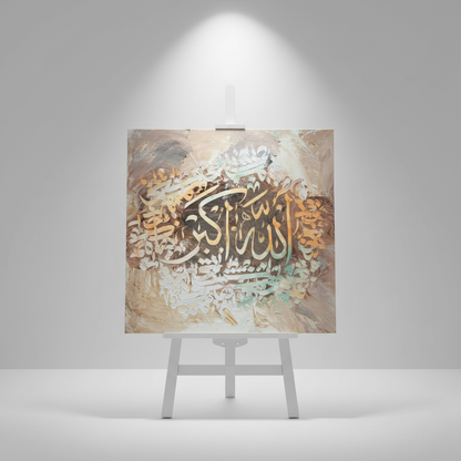Allahu Akbar pearl white sage square canvas art 15.75x15.75 inches (40x40cm) on a minimalist stage area shelf, no frame