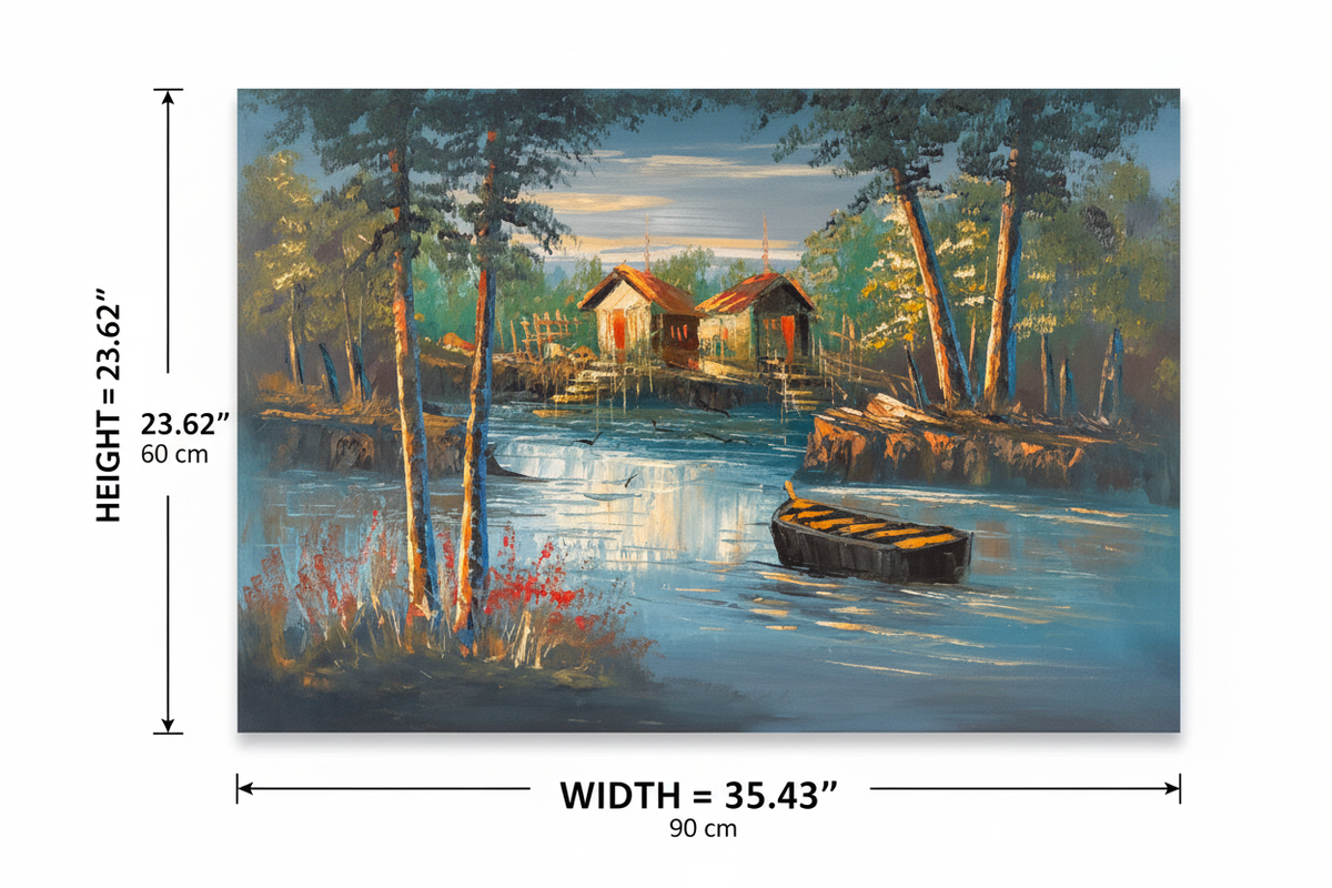 Dimension diagram of twilight lakeside cabin oil painting showing width 35.43 inches 90 cm and height 23.62 inches 60 cm on white background